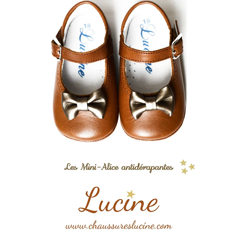 Chaussons bébé SOUPLES antidérapants à boucle Mini-Alice noeud - Cuir Camel-2