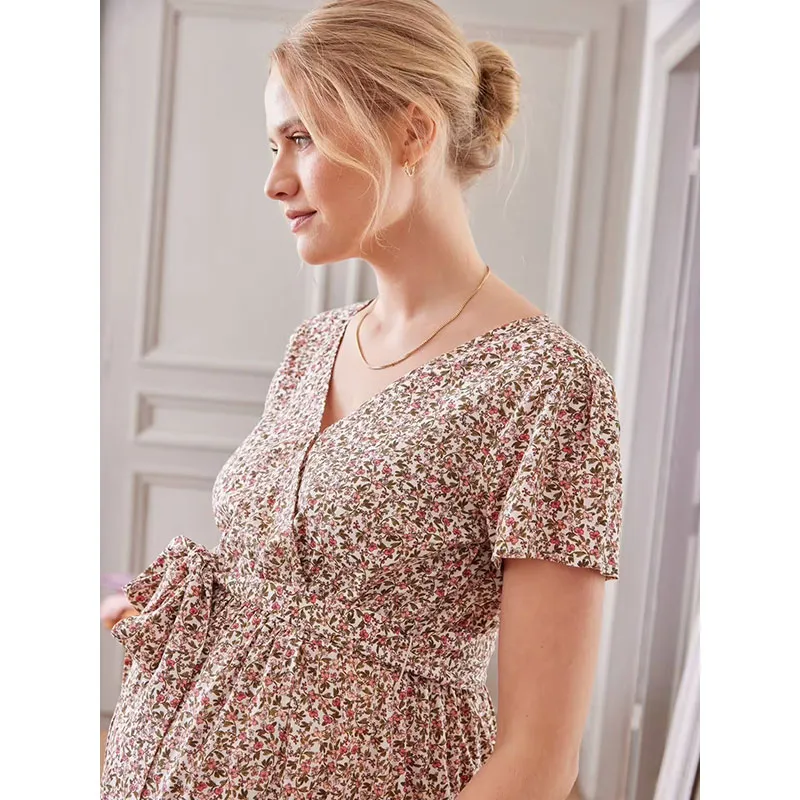 Robe longue de grossesse ceinturee - Ecru-5