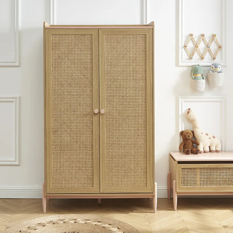 Armoire Pablo rose & cannage rotin 2 portes - 100x47x170cm-0