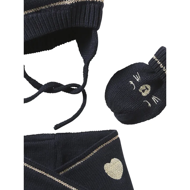 Bonnet + Snood + Moufles Chat - Marine-2
