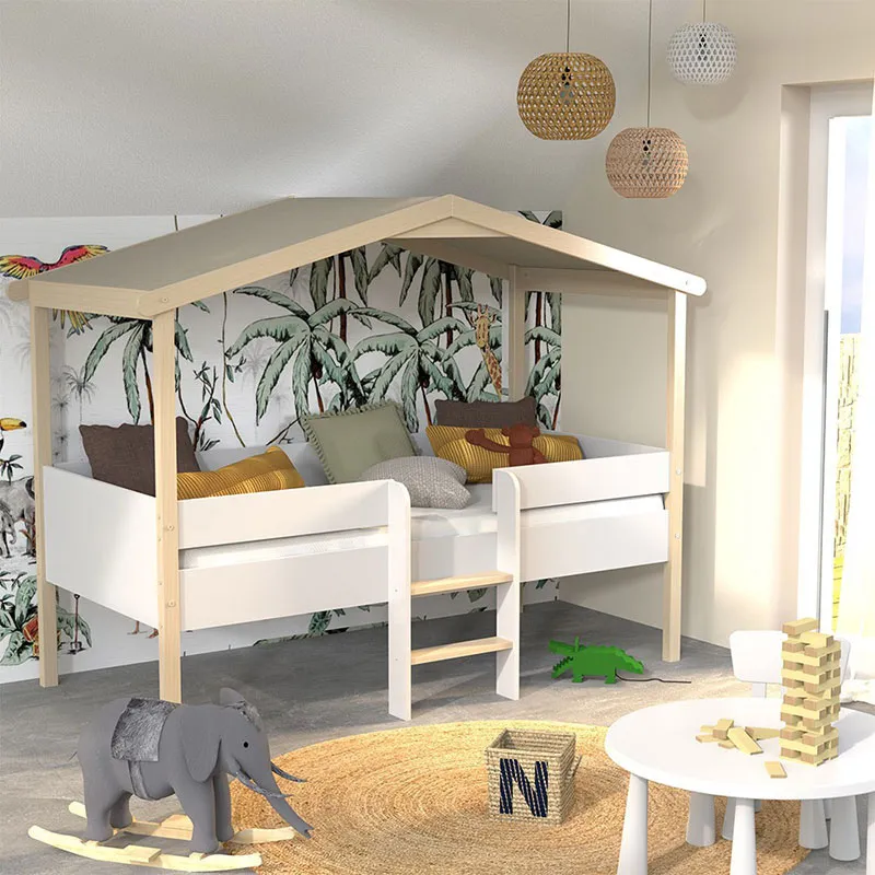 Lit cabane + Sommier Pilotis Blanc/Naturel - 90x190cm-0