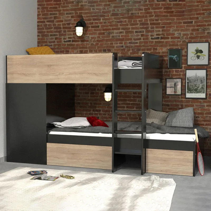 Lit superposé Twin + Armoire + 2 Sommiers Noir/Chêne-0