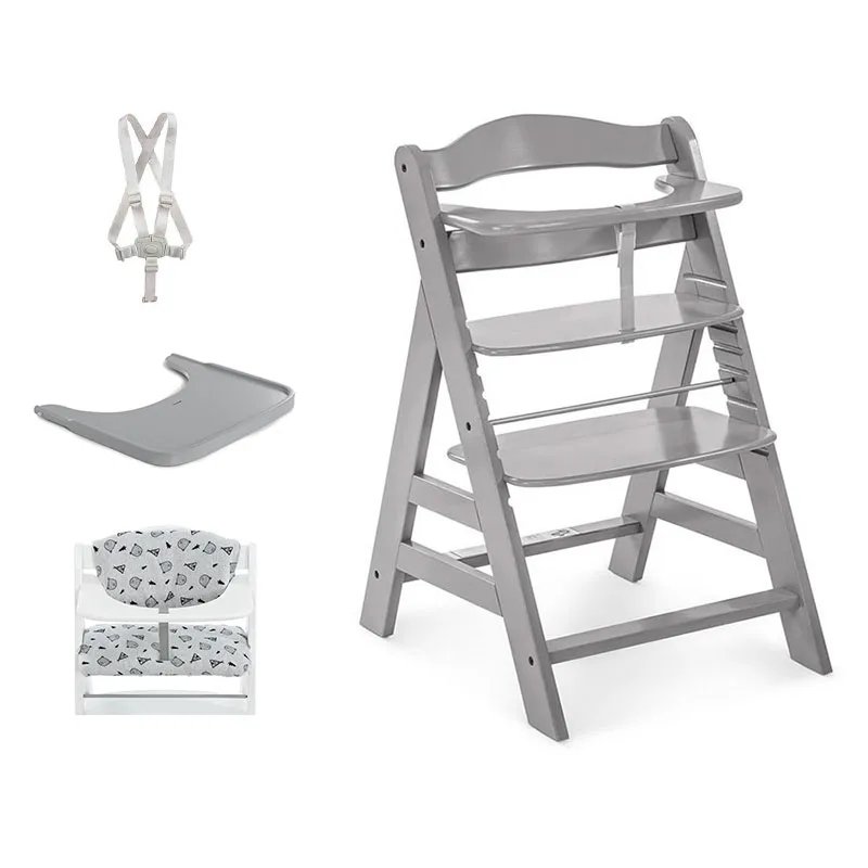Chaise haute Alpha+ Grise + Tablette + Coussin d'assise - 0m+-0