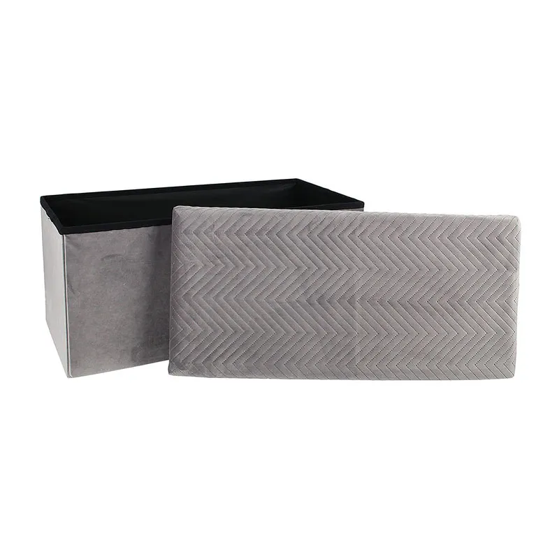 Coffre-banc pliable velours motif Gris - 76x38cm-3
