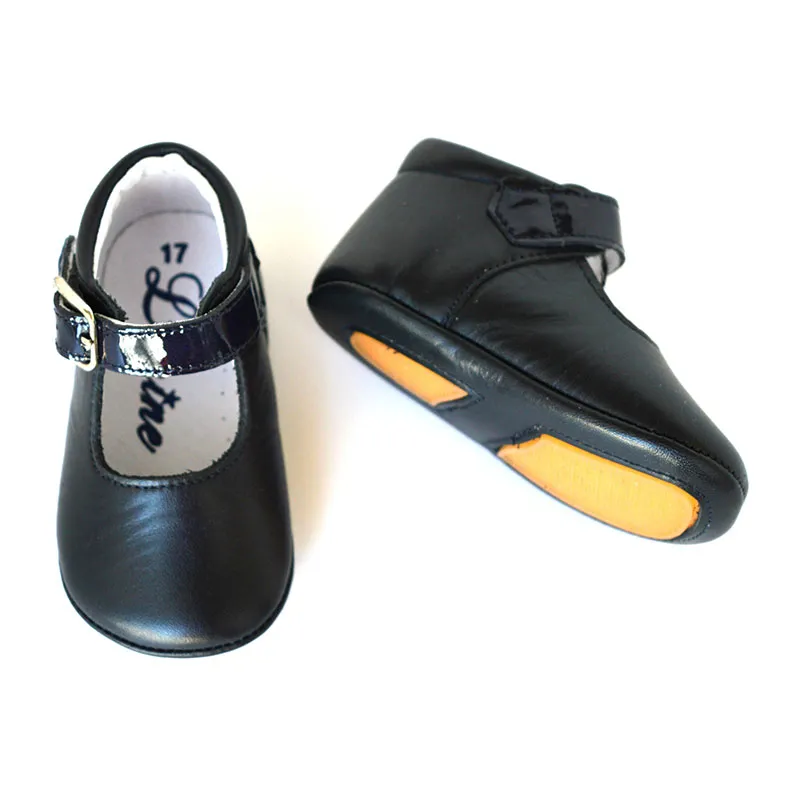 Chaussons bébé SOUPLES antidérapants à boucle Mini-Alice - Cuir Marine-1