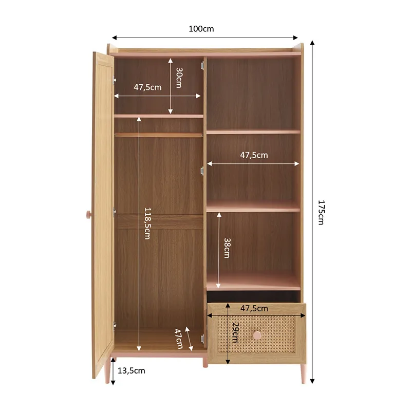 Armoire Pablo rose & cannage rotin 1 porte - 100x47x170cm-6