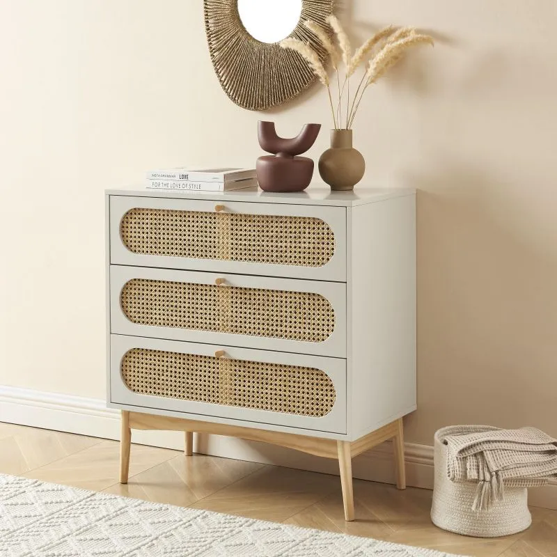 Commode Sixtine Gris Perle Rotin 3 tiroirs - 80x40x85cm-3