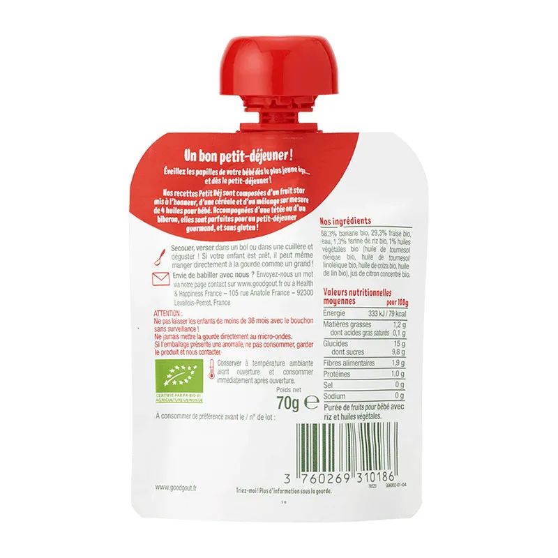 5x70g Gourdes petit déj Fraise BIO - 6m+-2