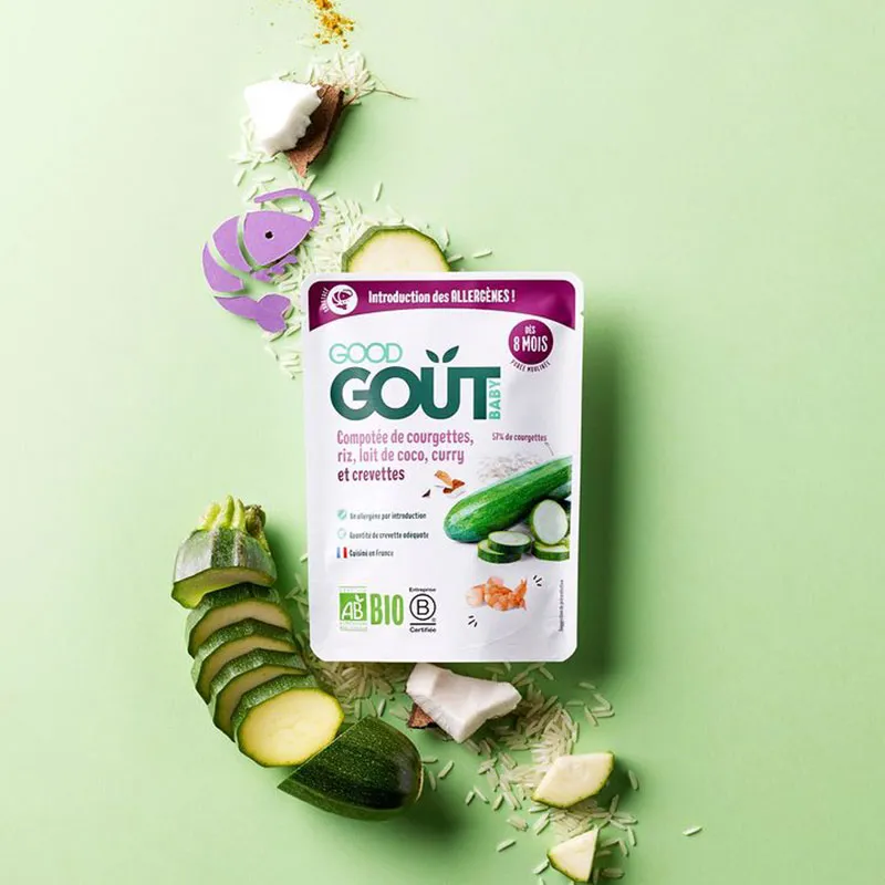 4x190g Compotée de courgette, riz, lait de coco curry et crevette BIO - 8m+-1