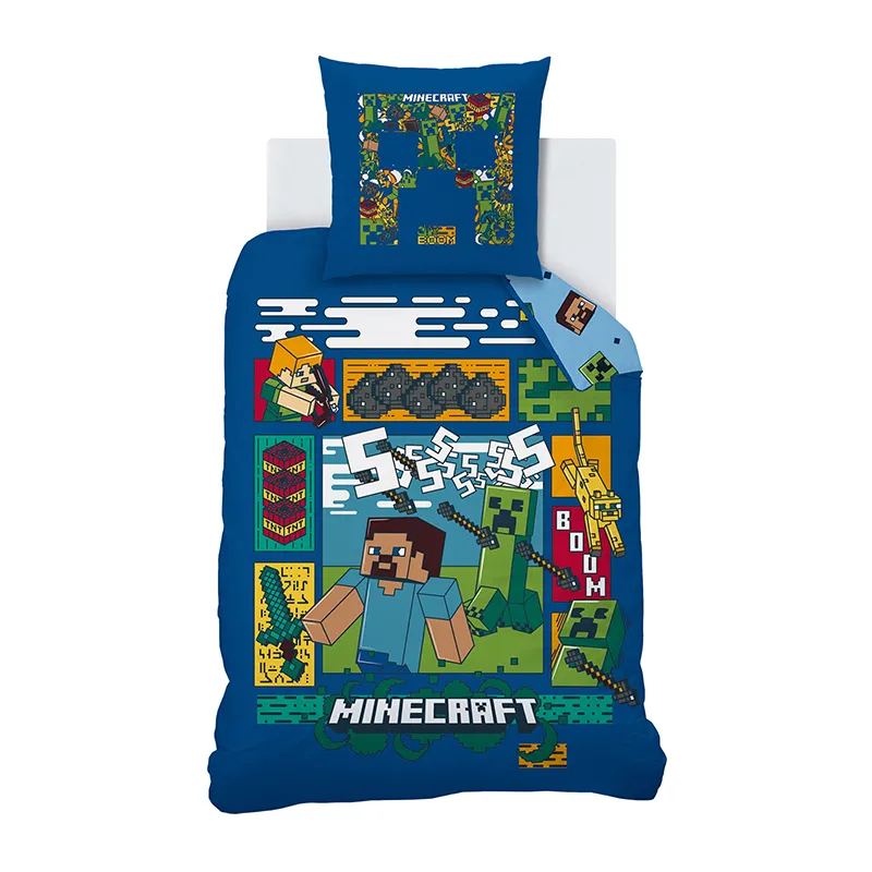 Parure 2pcs Coton réversible Minecraft Bleu - 140x200cm-1