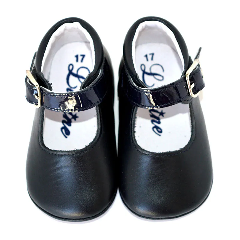 Chaussons bébé SOUPLES antidérapants à boucle Mini-Alice - Cuir Marine-0