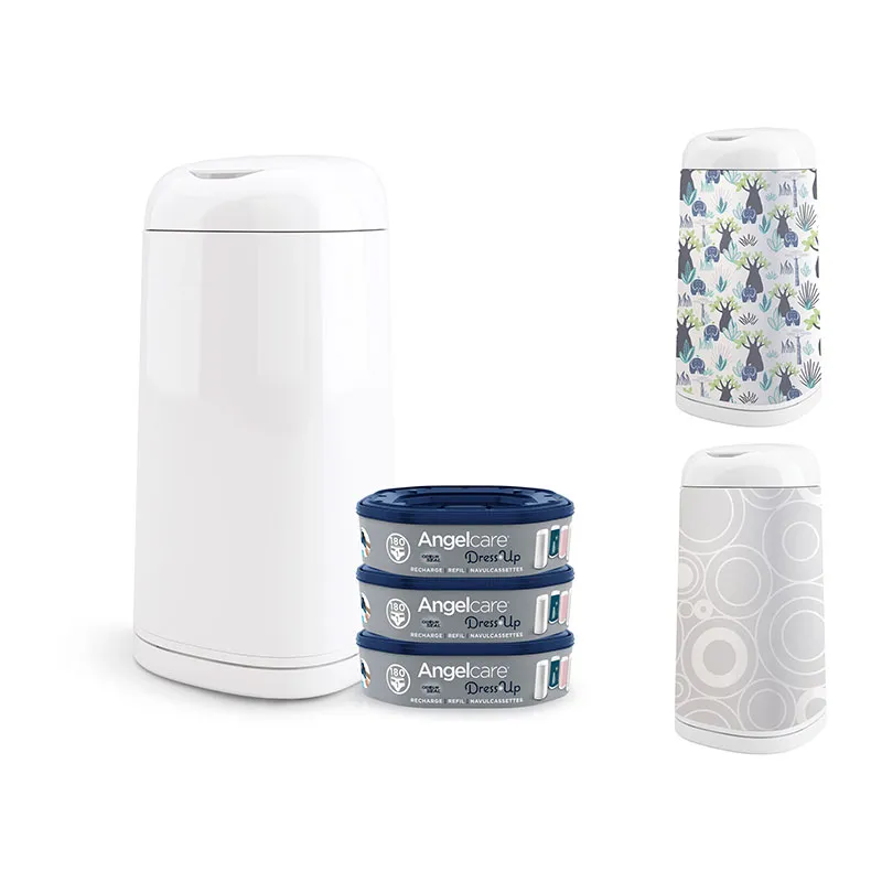 Starter pack Poubelle à couches Dress Up avec 3 recharges + 2 Housses OFFERTES Jungle/Gris-0