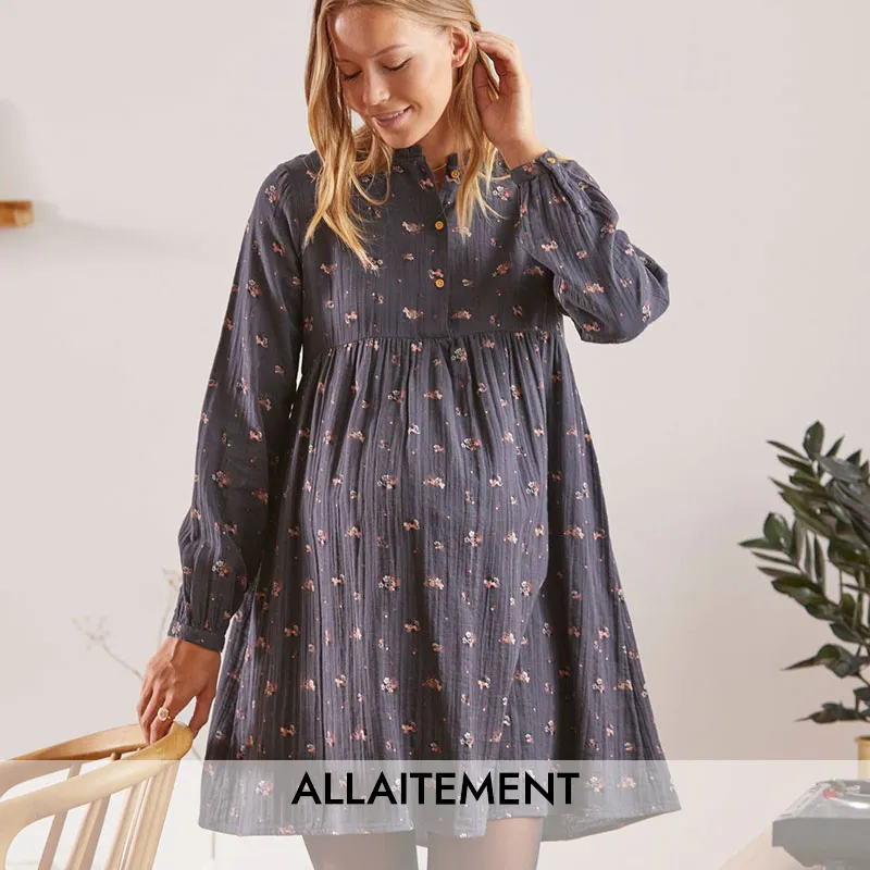 Robe de grossesse/allait Gaze de Coton Fleurs - Gris-0