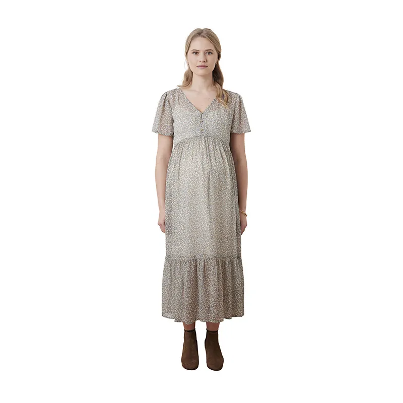 Robe longue de grossesse/allait fleurs - Beige-1
