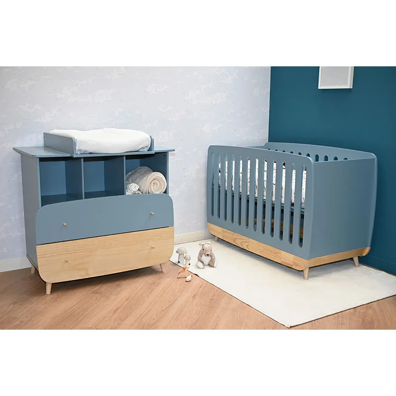 Chambre Duo Lit Bébé évolutif + Commode 2 tiroirs + Plan à langer Bleu orage/Pin - 70x140cm-10