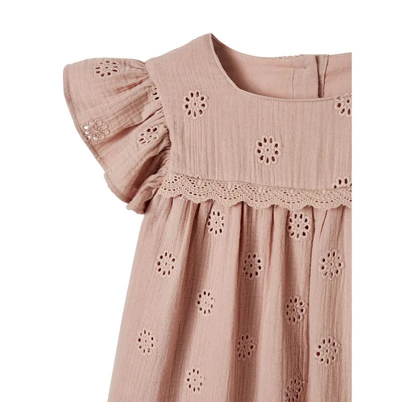 Robe cérémonie brodée fleurs en gaze de coton fille - Rose-2