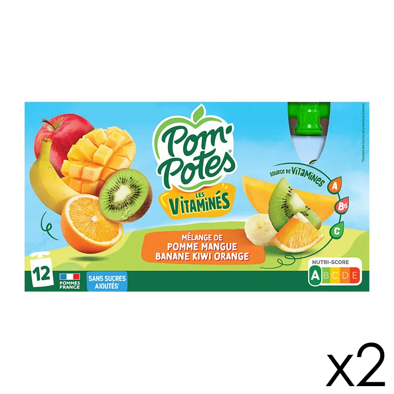 24 Compotes Gourdes Les Vitaminés Pomme Mangue Kiwi Orange Multivitamines - 24x90g-0