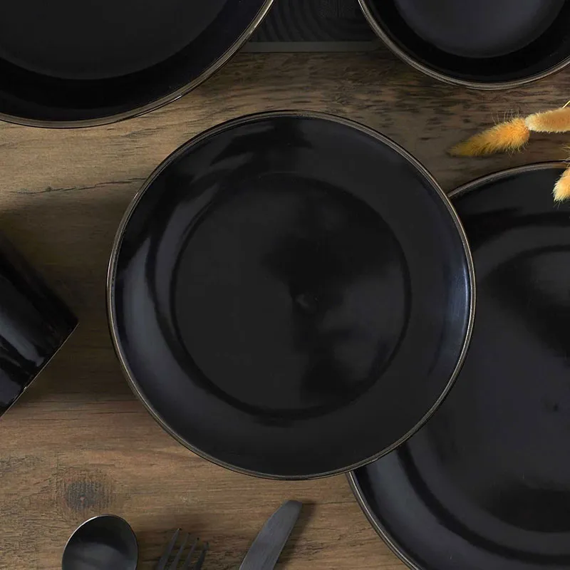 6 Assiettes Noires Liseré doré - ø20cm-0