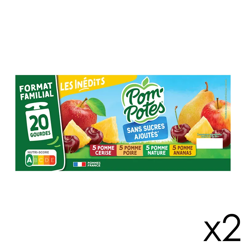 40 Compotes Gourdes SSA Les Inédits Pomme, P.Ananas, P.Cerise, P.Poire - 40x90g-0