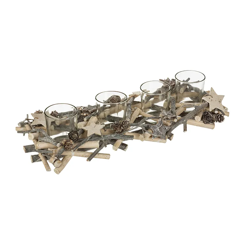 Centre de table Buche 4 photophores Bois Blanc - 38x14x7cm-0