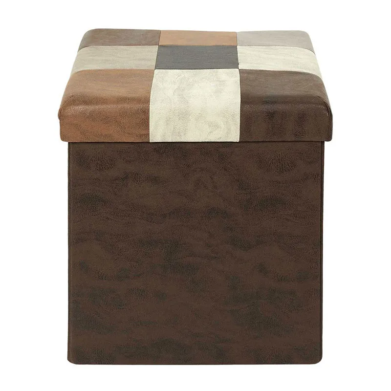 Coffre-pouf pliable Patchwork Loic Marron - 38x38x38 cm-2