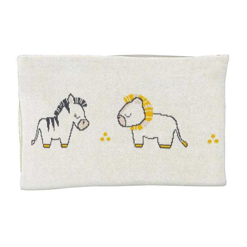 Couverture maille Peluche & pompon Bleu/Jaune - 80x100cm-0