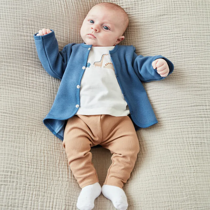 Ensemble Gilet + T-shirt ML + Legging Dinosaure - Écru/Bleu/Beige-0