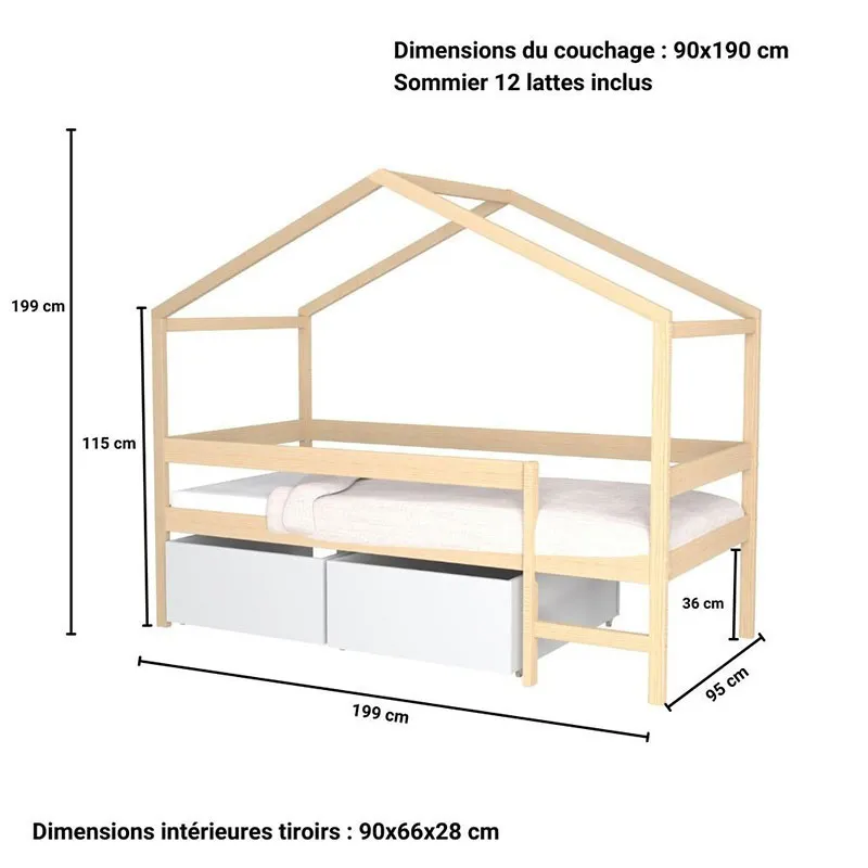 Lit cabane + Sommier + 2 tiroirs Mika Naturel-3