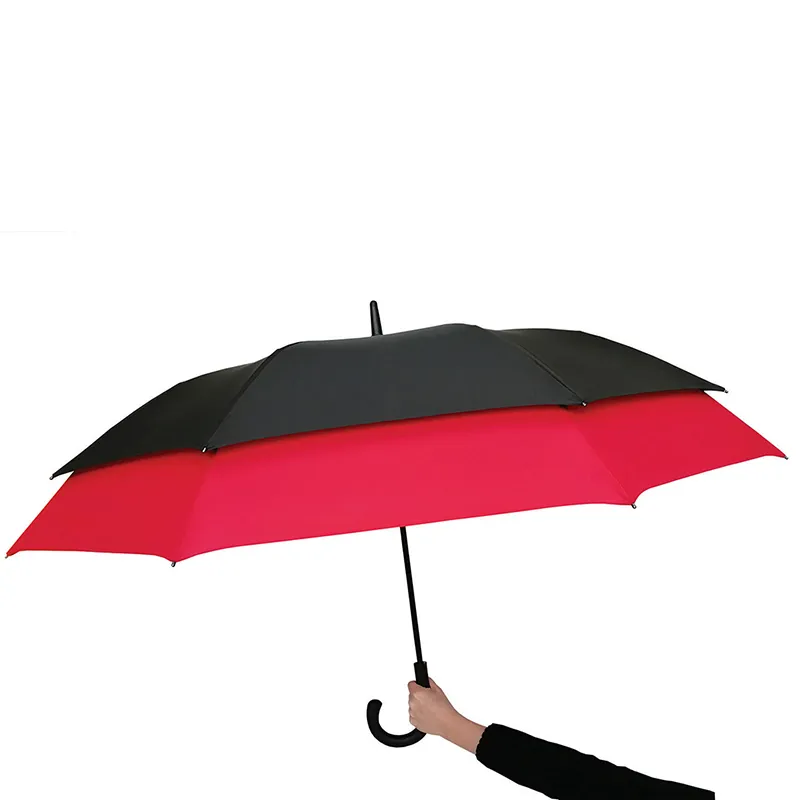 Grand parapluie long résistant au vent D.128cm - Noir/Rouge-3
