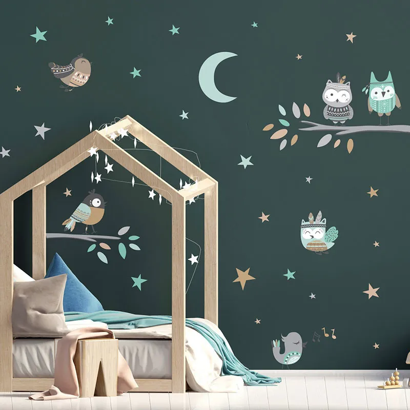 Stickers - Hibou et ses amis au clair de lune Bleu-0