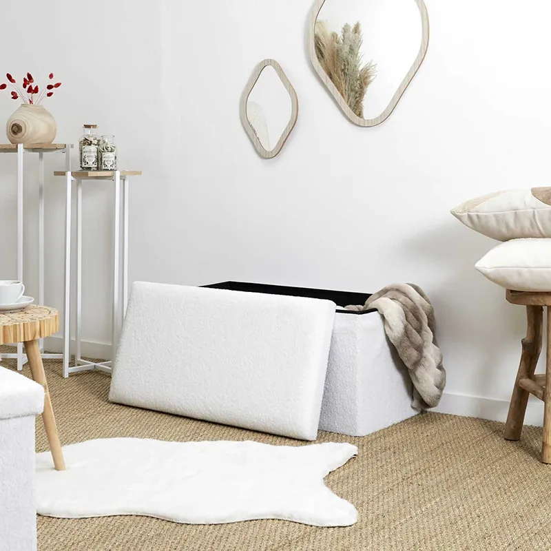 Coffre banc pliable en bouclette Blanc - 76x38cm-1