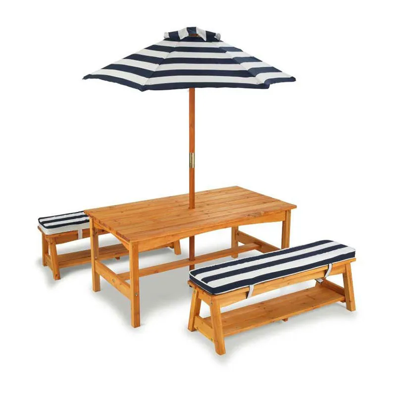 Table de jardin + Bancs + Parasol Marine/Blanc - 36m+-1