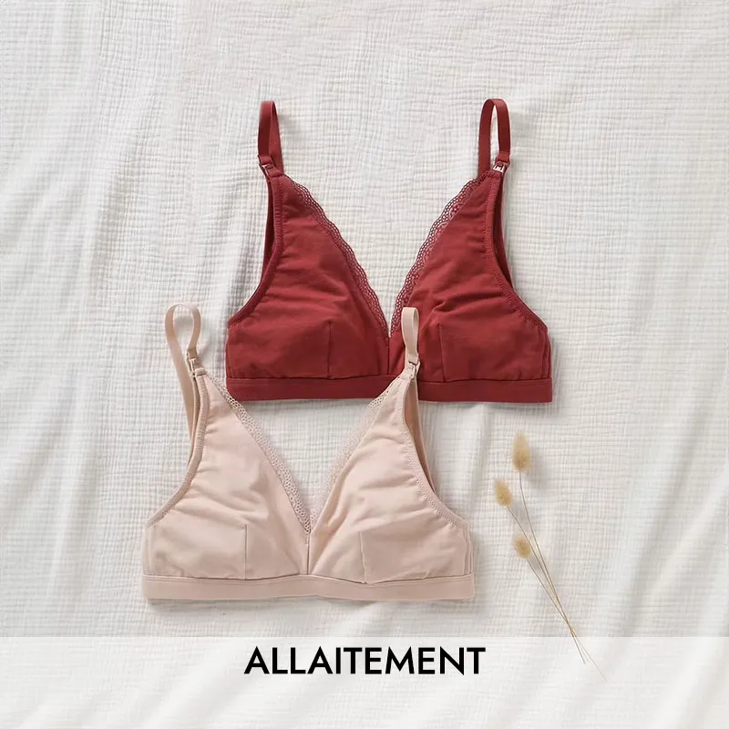 2 Soutien-gorge de grossesse/allait triangle sans armatures coton - Beige/rouge-0