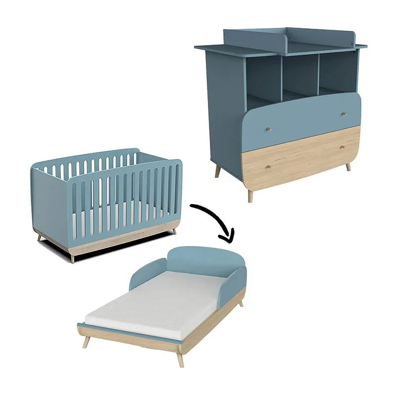 Chambre Duo Lit Bébé évolutif + Commode 2 tiroirs + Plan à langer Bleu orage/Pin - 70x140cm-0