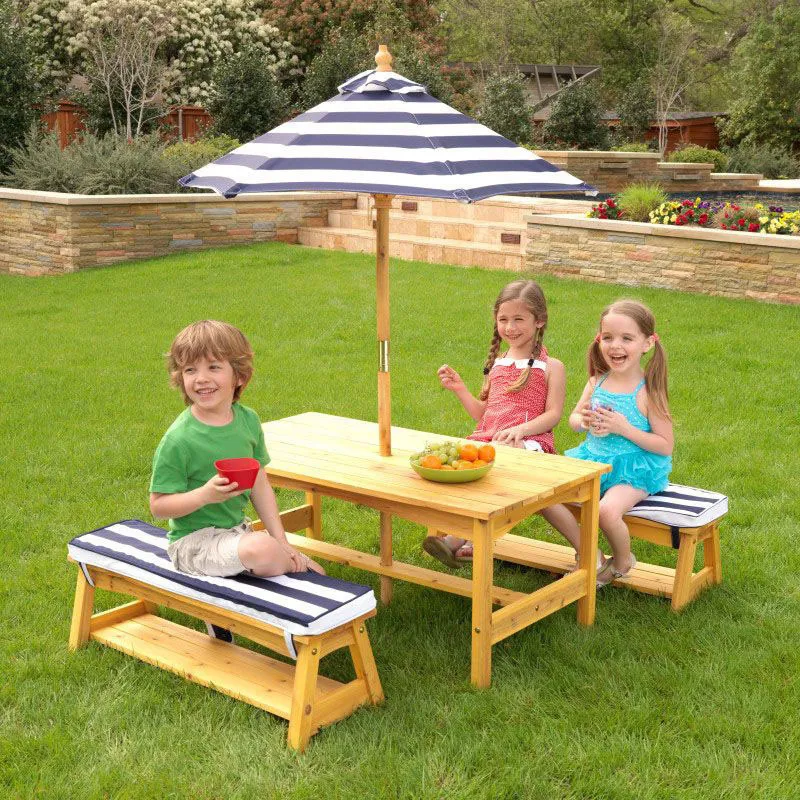 Table de jardin + Bancs + Parasol Marine/Blanc - 36m+-0