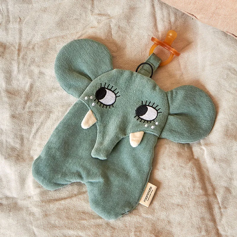 Doudou attache-tétine Coton BIO Éléphant Vert - 35x25cm-1