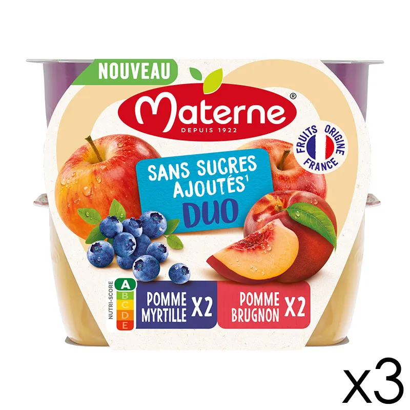 12 Compotes Coupelles Sans Sucres Ajoutés Duo Pommes Myrtille, Pomme Brugnon Sans Sucres Ajoutés - 12x100g-0