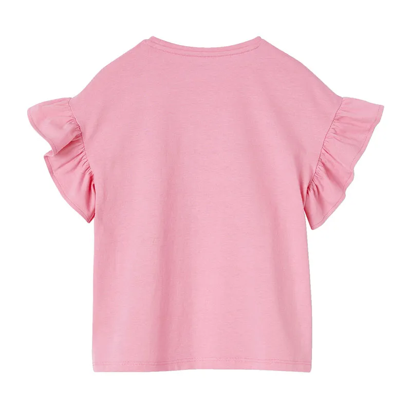 T-shirt Flower Power fille manches à volants - Rose Bonbon-1