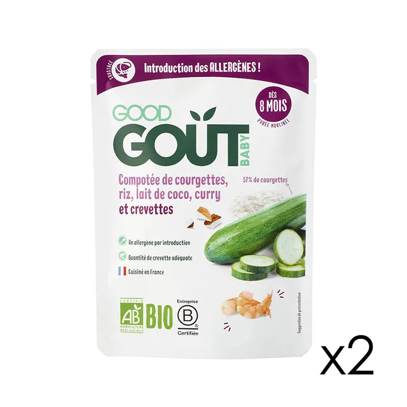 4x190g Compotée de courgette, riz, lait de coco curry et crevette BIO - 8m+-5
