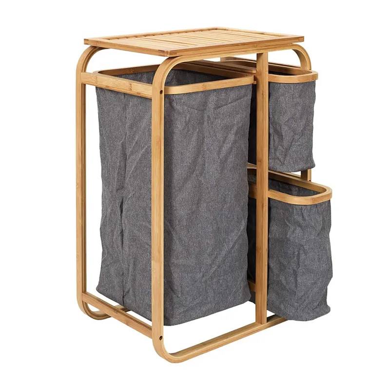 Panier à linge 3 compartiments Bambou/Gris - 33x69,5x49cm-3