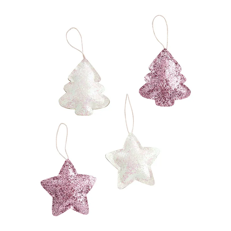 4 Suspensions de noël Sapin Étoiles Blanc/Rose - 11cm-0