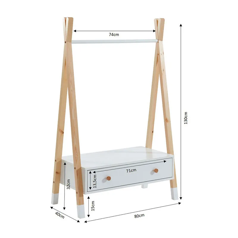 Portant Tipi + Tiroir Bois/Blanc - 80x40x130cm-5