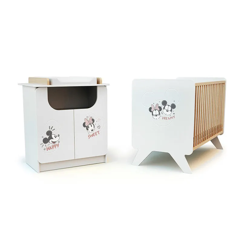 Lit Bébé + commode à langer Happy Days Mickey Blanc/Bois - 60x120cm-0