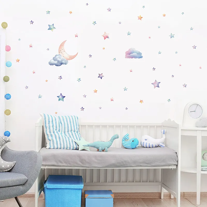 Stickers - Etoiles, lune & nuages aquarelles-1
