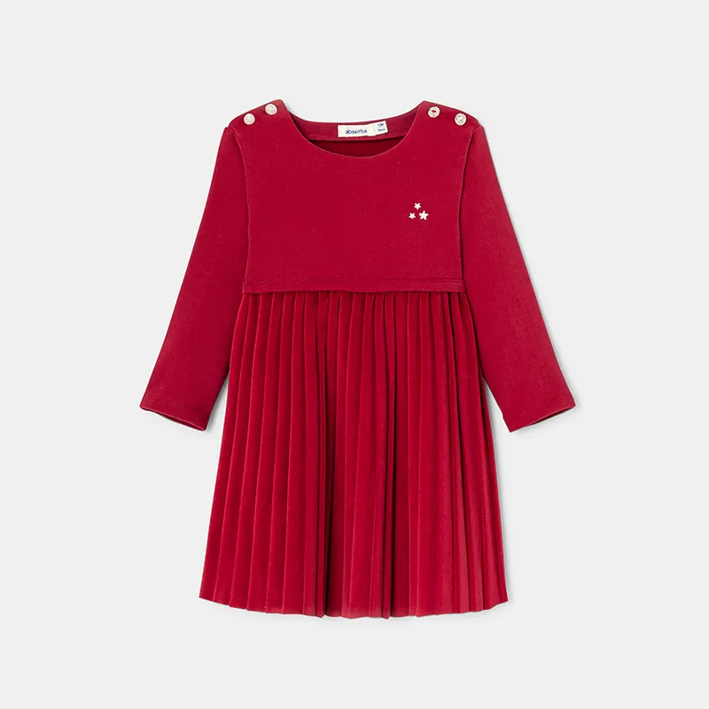Robe à manches velours Fille - Rouge cerise-0