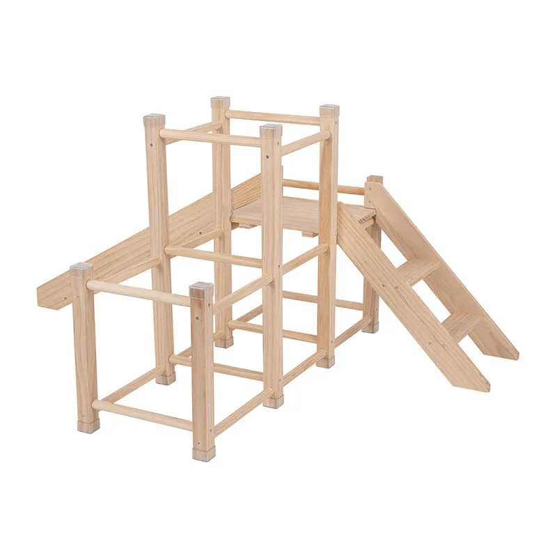 Aire de jeux Bois + Toboggan + Cadre d'escalade Naturel - 156x105cm-2
