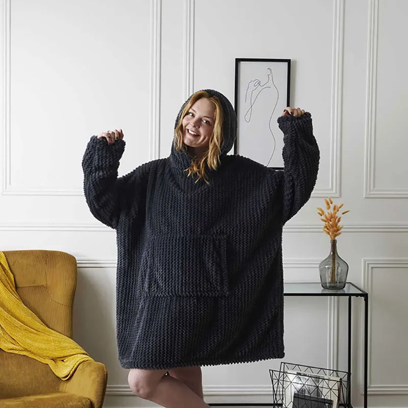 Plaid Sweat à capuche effet Chevron int. Sherpa Gris foncé - 115x85cm-0