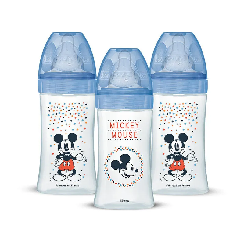 Coffret 3 Bibs anti-coliq. Tétine rondes 270ml déb.2 Mickey Bleu - 0m+-0