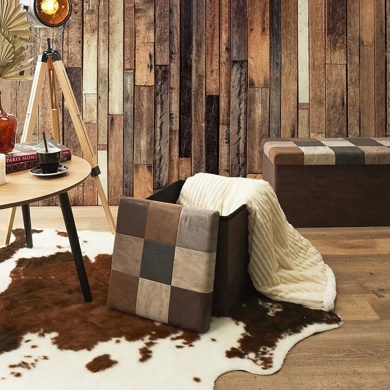 Coffre-pouf pliable Patchwork Loic Marron - 38x38x38 cm-1