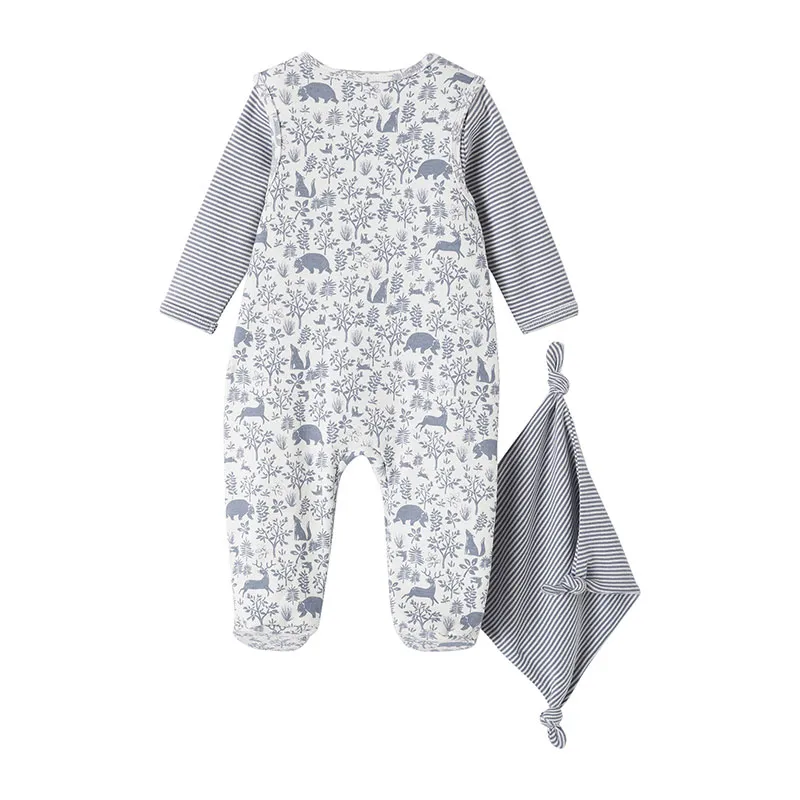 Ensemble naissance 3 pièces : combinaison + body + doudou en coton bio - Bleu-1